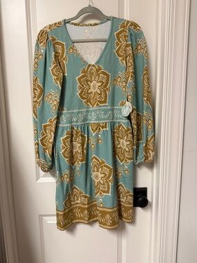 Spartina 449 Teal and Mustard Floral V-Neck Dress